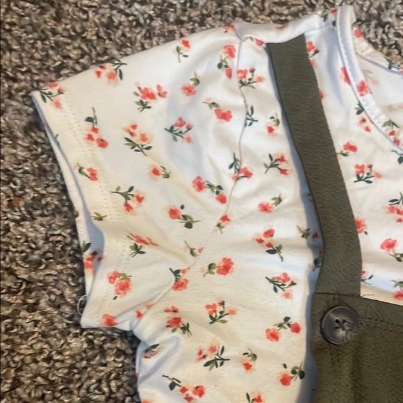 Olive Green and Floral Top Kids Romper - Picture 4 of 7